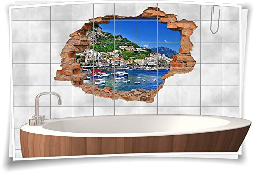 Medianlux Fliesen-Aufkleber Bad-ezimmer-Deko italienisch-e Fliesen-Tattoo-3D-Fliesen-Bild-er Italien-ische Riviera Yacht-Hafen-Residenz, 105x70cm, 20x25cm (BxH)