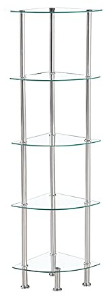 Modernique Glass Shelf Tier Storage Unit, Corner in Black or Clear Glass with Chrome Stand, Shelving Unit (Clear, Tier 5)