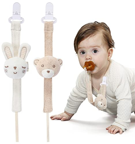 COTTONBEBE Pacifier Clip, 2 Pack Baby Pacifier Holder for Boys and Girls Fits Many Pacifiers & Baby Teething Toys, Ideal Baby Gift (Rabbit&Bear)
