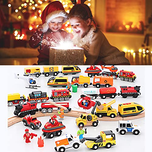 Trenino Elettrico per Bambini Camion trasportatore Portatile Locomotiva Trenino Pista Macchinine Alimentato a Batteria Giocattoli Trenino in Legno Treno Kit Giochi Trenino Natalizio Regalo per Bambin