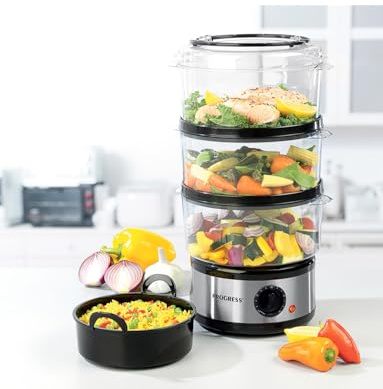 Progress EK2726ZP Go Healthy Electric 3 Tier Steamer and Rice Bowl, 60 Minute Timer, 7.5 Litre Capacity, Power and Ready Indicator Lights, Dishwasher Safe Tiers, Compact Easy to Store Design, 500 W