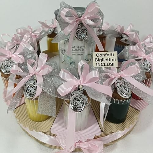 Candele profumate torta bomboniere battesimo bimba simbolo maternità calamite con fiocchi abbinati confetti e biglietti inclusi (12 fette)