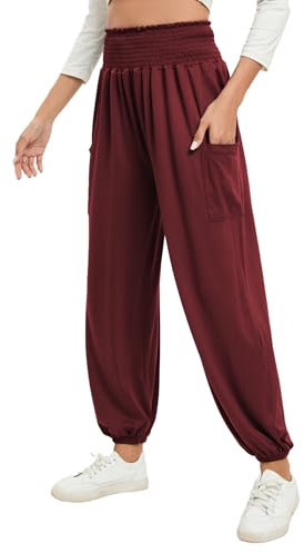 Famulily Frauen Baumwolle Sweatpants Loose Fit Solid Yoga Pilates Hosen Smocked Taille Harem Hosen Wein XXL