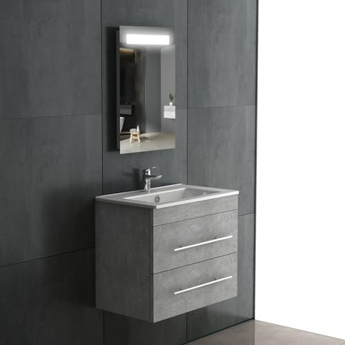Alpenberger Gäste WC Waschbecken mit Unterschrank und Bad Spiegel mit Licht | Schrank 60 cm Breit | Waschtischunterschrank Hängend | Badunterschrank Grau mit Schubladen