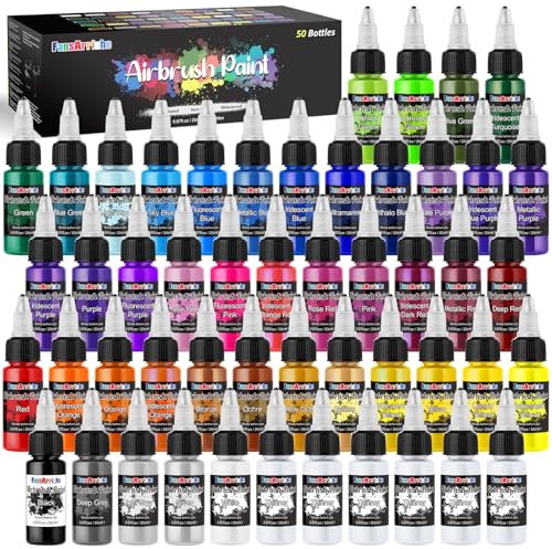 FansArriche Airbrush Farbe, 44 Farben+6 Verdünner, Acryl-Luftpinsel-Set, blickdichte und neon Farben, Perlenfarben, für Anfänger, Künstler, DIY-Projekte, 20 ml/Flasche