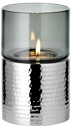 EDZARD Portacandela antivento Cosmo, vetro scuro, in acciaio inox martellato, lucidato, perfetto per maxi lumini (altezza 18 cm)