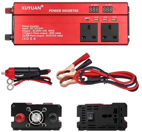 2000W Power Inverter 12V to 240V AC Car Converter Adapter,Car Power Inverter with 3 USB 3 AC Sockets,2 Cigarette Lighter Car Inverter with Ambient Light, Pure Sine Wave Inverter for Travel Camping