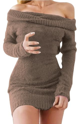 KBOPLEMQ Robe en tricot élégante pour femme - Robe d'hiver en peluche - Manches longues - Épaules dénudées - Robe de fête sexy - Robe pull moulante - Robe midi - Épaules dénudées, café, XL