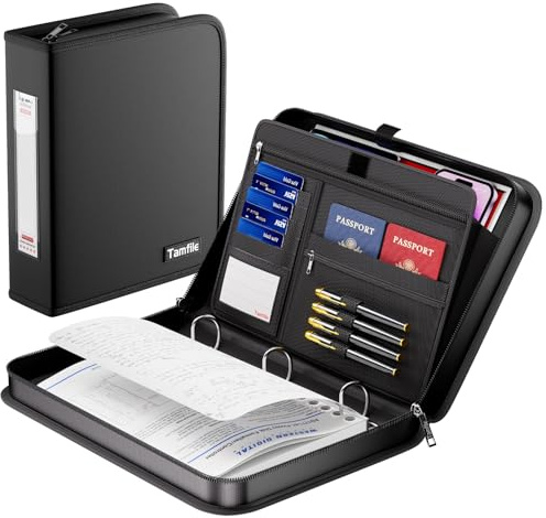 Tamfile Fireproof 3 Ring Binder with Zipper, 1.5 Inch D Ring Binder Hold Up 375 Sheets of 8.5x11 A4 Paper, Portable Safe Storage with Large Pockets, Important File Storage for A4 Files (Black)