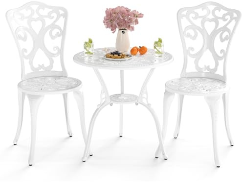COSTWAY 3-TLG. Set med trädgårdsmöbler, bistrobord med 2 stolar, väderbeständigt balkongset, balkongmöbler av gjuten aluminium, utemöbler, trädgårdsdekor, sittgrupp för terrass, balkong, trädgård (vit