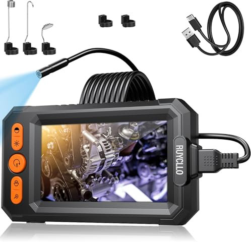 Ruycllo Endoscopio 1080P HD con Schermo IPS 4.3'' – Telecamera per Ispezione Tubi IP67 Impermeabile con 8 LED, Sonda con Telecamera 8mm e Cavo Semirigido 5M, per Videoispezione Auto Casa Tubazioni