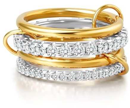 WATEFOER Guldstapelbara ringar för kvinnor missfärgas inte, 18K förgylld kubisk zirkonia ring silver och guld ring set multilänk ringar alla hjärtans dag födelsedag mors dag gåva