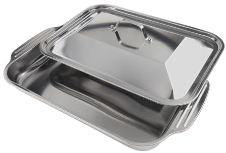 Teglia da forno in acciaio inox con coperchio, 45,7 x 27,9 cm, profonda, per lasagne con manici, antiaderente, rettangolare, stampo per torte, brownie, lasagne e casseruole