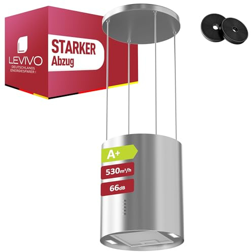 LEVIVO A+ Inselhaube Umluft Freihängend mit 530 m³/h Luftleistung, Insel Dunstabzugshaube mit 2 Aktivkohlefiltern, 1 Fettfilter, 3 Stufen & Booster, 2 LEDs, Abzugshaube, Silber