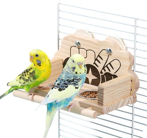 Bol À Nourriture Pour Oiseaux Distributeur Double Nourriture Transparent | Distributeur Anti-éclaboussures en Bois avec Perchoir Pour Pigeons Perruches et Oiseaux d'Intérieur