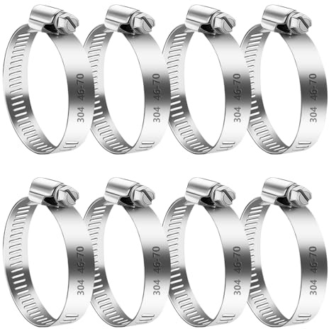 8 Pezzi Fascette Stringitubo Set, Fascetta Stringitubo Regolabile 46-70mm, Fascette Metalliche, Fascette a Vite in Acciaio Inox, per Lavatrice, Tubi Piscina, Giardino, Tubi Gas, Acqua, Auto
