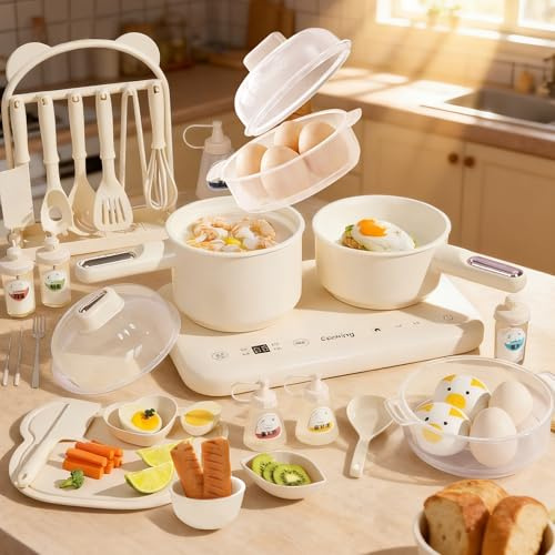 Cooking Sets Real Electric Dual Stove - Montessori Cooking Set with Mini Kitchen Tools, Safe Utensils, Apron & Cookware -Great for Pretend Play Montessori Learning (Beige)