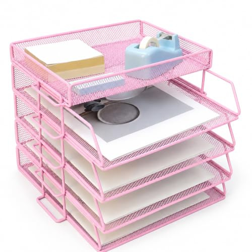 ideallife Letter Trays Stackable with Top Stationery Holder, 4-Tier Metal Desk Organizer Tray, Paper Filing Tray for Office Supplies - Pink