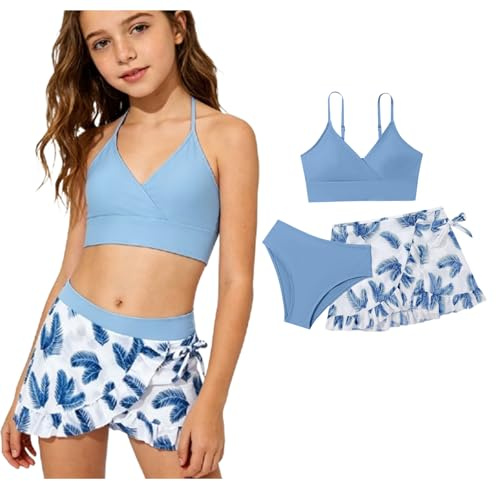 Bikini da bambina, bikini per adolescenti, 3 pezzi, con parte superiore a triangolo e gonna, costume da bagno per 8-16 anni, Azzurro, 13-14 Anni