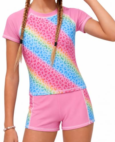 JiAmy Maillot de bain 2 pièces à manches courtes pour filles - Protection UV - Pour l'été et la plage - 4-12 ans, Léopard rose clair, 8-9 ans