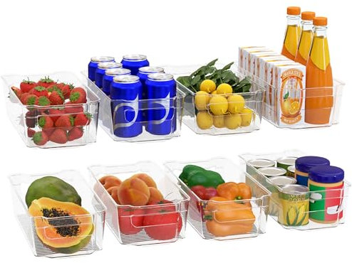 KICHLY - Cestini Organizzatori per dispensa Trasparente - Set di 8 contenitori - Contenitori organizzatori per cucina, dispensa, armadietti, ripiani, Bagno - Senza BPA (Chiaro)