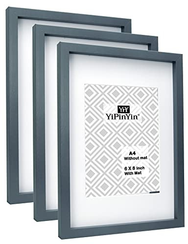 A4 Photo Frames set of 3 with Mount for A5(6 x 8 ''), Grey A4 Gallery Wooden Boxed Picture Frames With Mount for A5,picture frames with Real Perspex Window Front