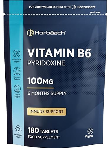 Vitamin B6 High Strength 100mg | 180 Tablets (6 Months Supply) | Vitamin B6 as Pyridoxine HCI | One-a-Day Formula Suitable for Vegans | By Horbaach