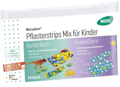 WERO Weroplast® plåsterstrips mix för barn, 20 st/Pkg | Barnplåster med dinosaurie- och stjärnmotiv, allergivänliga, vattenavvisande och luftgenomsläppliga