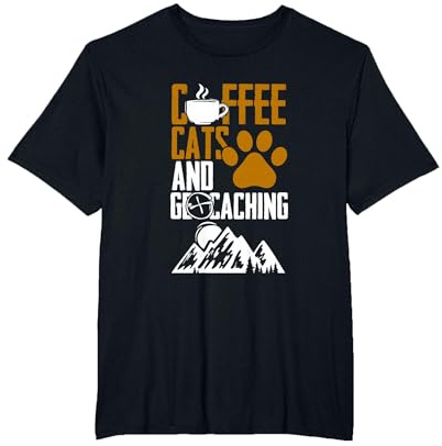 Coffee Cats and Geocaching Geocache Geocacher T-Shirt, Men's Big and Tall, Black, 6X Tall
