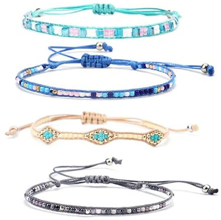 SZETOSY Juego de 4 pulseras bohemias con cuentas coloridas de múltiples capas hechas a mano para mujer, juego de pulseras bohemias ajustables, Algodón