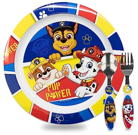 Sorrisini Vajilla Infantil Reutilizable Apta Para Microondas Para Niños y Bebés Paw Patrol, Juego de Desayuno para la Primera Comida Cubiertos, Tenedor, Cuchara de Acero Inoxidable y Plato, sin BPA