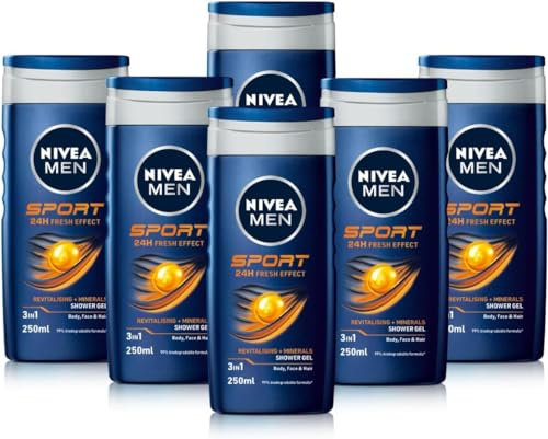 NIVEA MEN Sport Doccia Shampoo in Confezione da 6 x 250 ml, Bagnoschiuma uomo rivitalizzante per viso, corpo e capelli, Docciaschiuma e shampoo uomo dalla fragranza maschile arricchito con Minerali