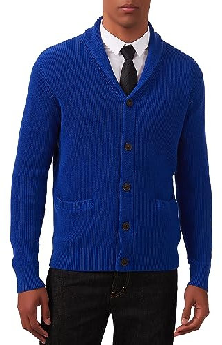 Kallspin Herren Wollschal-Kragen Strickjacke mit Knöpfen und Taschen(Königsblau, 3XL)