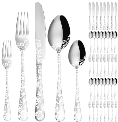 XIAOYU Set di posate con fiori di peonia da 40 pezzi Set di posate in acciaio inossidabile per 8 persone Coltelli Forchette Cucchiai Utensili da cucina, argento
