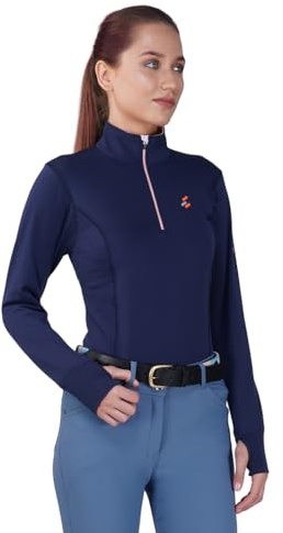 Preto Equestrian Baselayer T-shirt thermique à manches longues pour femme – Vêtements et équipement pour l'équitation (bleu marine/sorbet), Bleu marine/Sorbet, S Grande taille