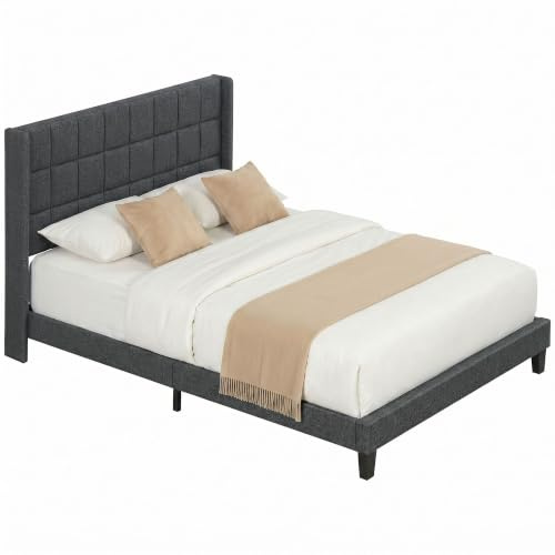 HOMCOM Cama 135x190 cm Estructura de Cama Somier con Cabecera Tapizada de Lino Sintético y Espacio de Almacenamiento Debajo de la Cama Carga 300 kg Gris