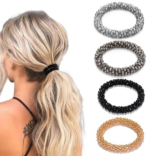 FloralGrace 4 gomas para el pelo con diamantes de imitación, coletas altas, adornos decorativos para el cabello, perlas elásticas, accesorios para el cabello brillantes
