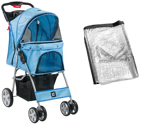 KCT Hooded Foldable Pet Dog Cat Stroller with Rain Cover Blue- 4 Wheel Travel Carriage with Safety Leash,Canopy, Cup Holder, Storage Tray