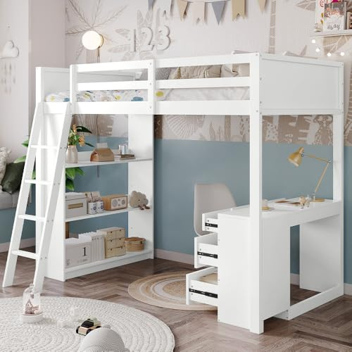 Merax Wooden Bunk Beds for Kids, 3FT Single Bed Frame with 4-step Ladder, Simple and Stylish Kids Bed with Study Desk, 4 Drawers, 3 Rows of Shelves under the Lower Bunk, Loft Bed, White, 90x190cm