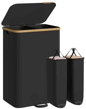 SONGMICS Laundry Hamper with Lid, Laundry Basket Sorter, Storage Bin, Removable Liners, Bamboo Frame, for Bedroom, 2 Compartments, 39.6 Gal. (150 L), Ink Black LCB532BH01