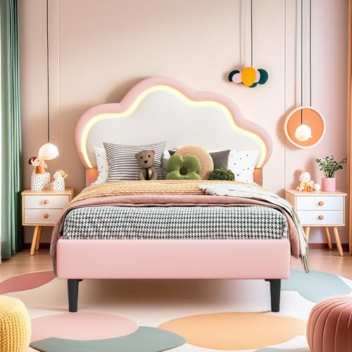 Yeutre Lit Simple Rembourré 90x200 cm, Lit Enfant Fille avec LED, Tête de Lits Réglable en Hauteur en Forme de Nuages, Sommier à Lattes, Lits 1 Personnes pour Fille Adolescent, PU,Rose+Blanc