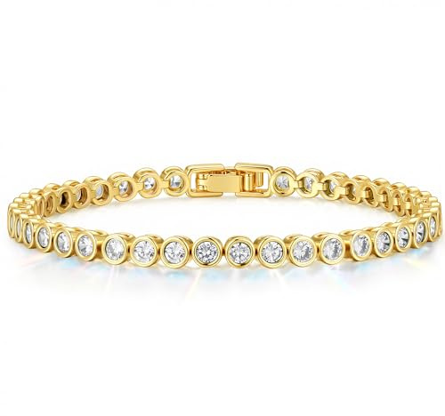 TINGN Guld Tennisarmband Dam 14K Förgyllt Tennisarmband Elegant Cubic Zirkonia Armband Klassisk 3mm Rundslipat Armkedja Smycke Present för Kvinnor Damer, 6.5 Zoll (16,5 cm), Koppar, Kubisk zirkonia