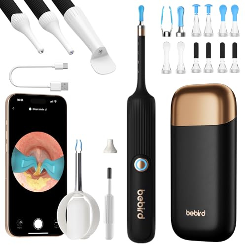 BEBIRD Pro Otoscopio per la rimozione del cerume, pulitore auricolare flessibile con telecamera, telecamera per la pulizia dell'orecchio con pinzette e accessori ORL per adulti e bambini (nero)