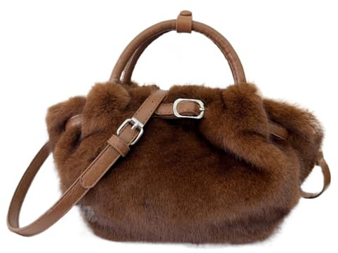 Genérico Fluffig handväska vinterväska med bältesdesign, crossbody-väska med fluffigt handtag och veck.