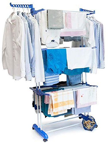 BAKAJI Stendino Stendibiancheria a Torre in Acciaio e ABS di Grande Capacità Modulabile Pieghevole Salvaspazio Richiudibile Stendino Biancheria Antiurto (Blu e bianco)