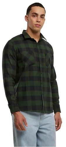 URBAN CLASSICS Camicia in Flanella a Maniche Lunghe da Uomo, Camicia Casual Lunga con Bottoni per Uomo, Vestibilità Regolare, Cotone Flanella, Colore: Nero/Verde, Taglia: 3XL