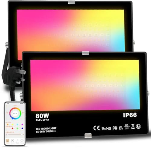 Flood Lights Outdoor With Alexa, Smart LED Floodlight Colour Changing 800W Equivalent 8000LM, Bluetooth APP Control, Warm White+1600 Million RGB Colours,No WiFi No Hub,IP66 Waterproof UK 3-Plug,2 Pack