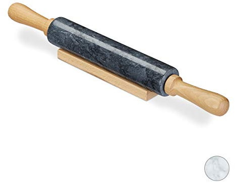Relaxdays Mattarello in Marmo, Manici in Legno, Pesante, Piatti al Forno & in Padella, con Sostegno, 48 cm, Nero