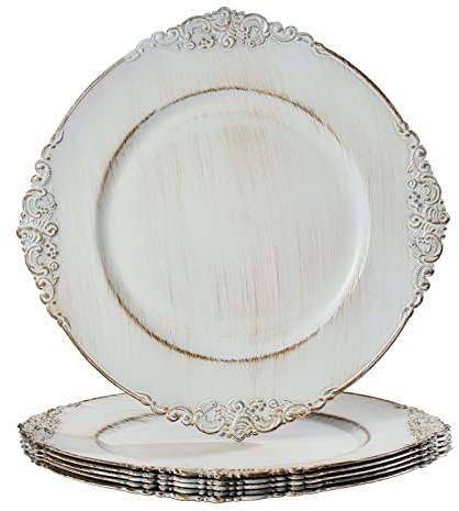 MAONAME Antique White Charger Plates, Round Antique Plate Chargers for Dinner Plate, 13 Plastic Charger for Plates, Wedding Table Setting, Set of 6