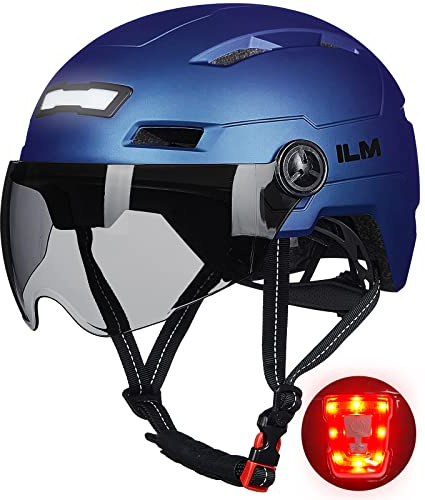 ILM Adult Bike Helmet with USB Rechargeable LED Front and Back Light Mountain&Road Bicycle Helmets for Men Women Removable Goggle Cycling Helmet E3-10L(Blue Purple, Large/X-Large)